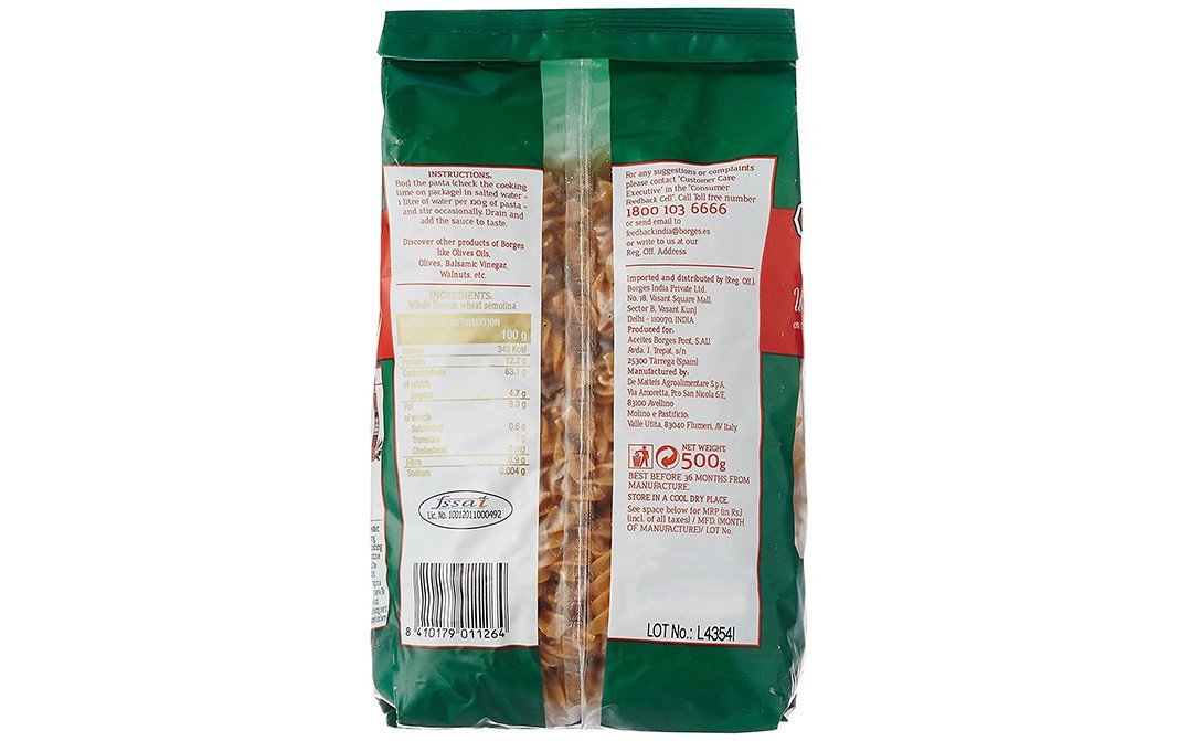 Borges Fusilli Whole Wheat Pasta    Pack  500 grams